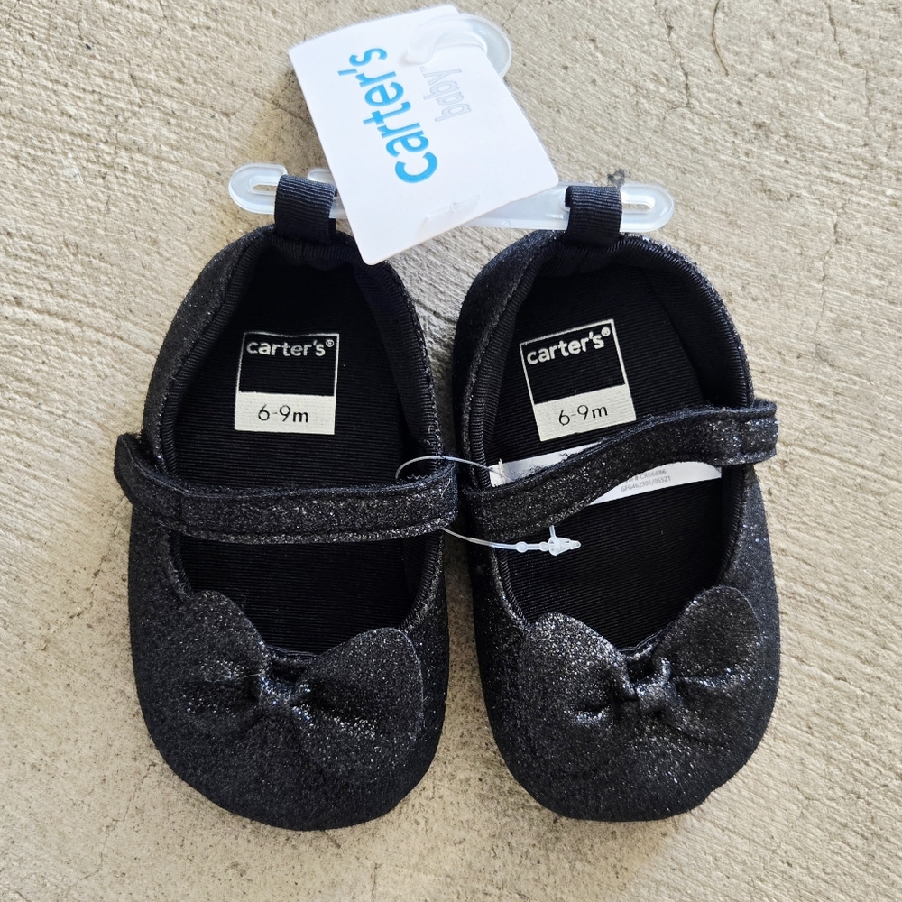 CARTER'S Infant Glittery Black Buckled Mary Janes with Bow 6-9 Months NWT